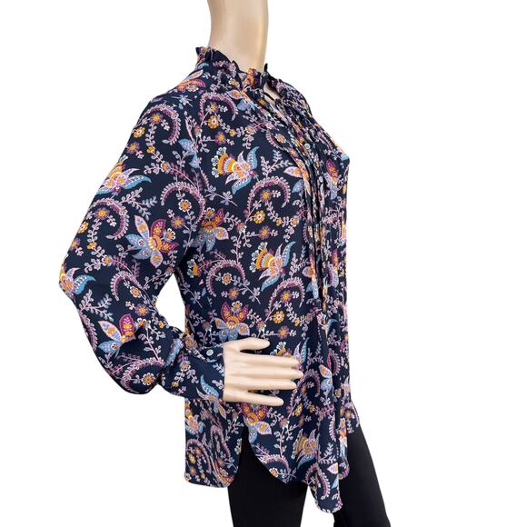 LOFT Women Multicolor Floral Ruffle Neck Pleated Long Sleeves Blouse Size S - Picture 4 of 6